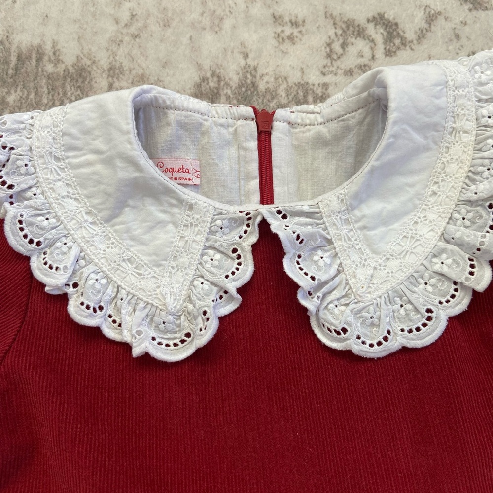 La Coqueta 6Y Girl’s Red Corduroy Dress with White Lace Collar - Picture 8 of 13